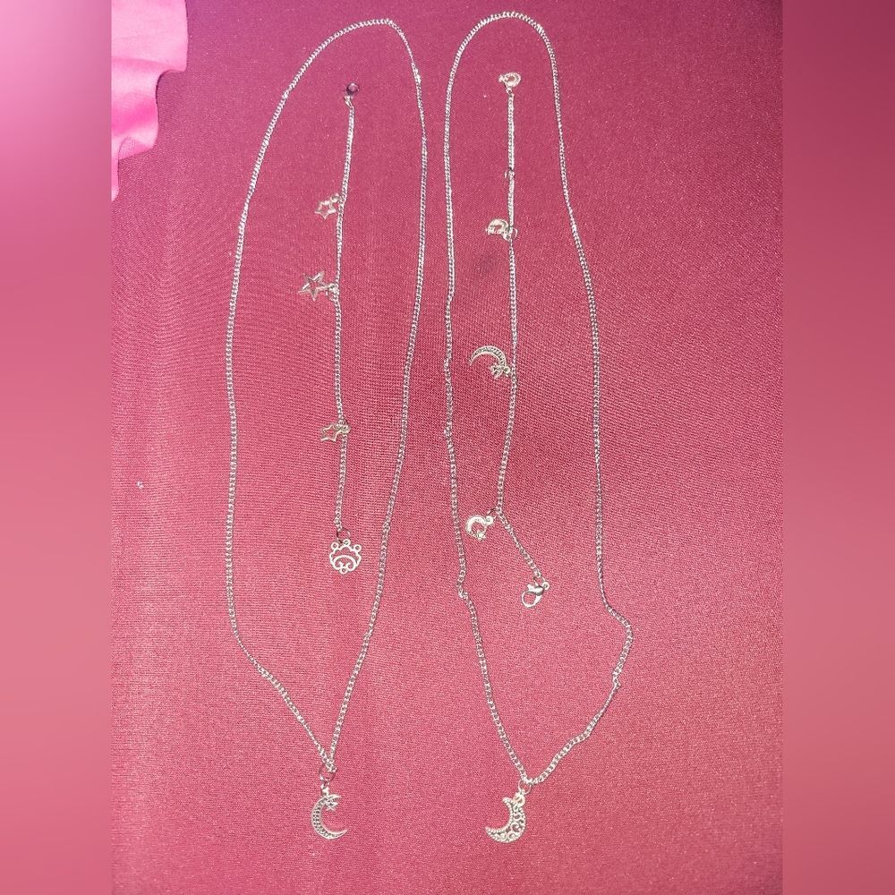 Moon And Star Silver chain Charm Necklace And Bracelet/ankle Bracelet Set